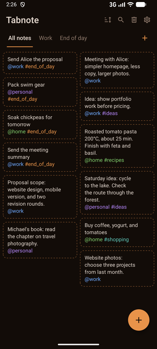 Current Tabnote: everyday notes and the All, Work, and End of day tabs