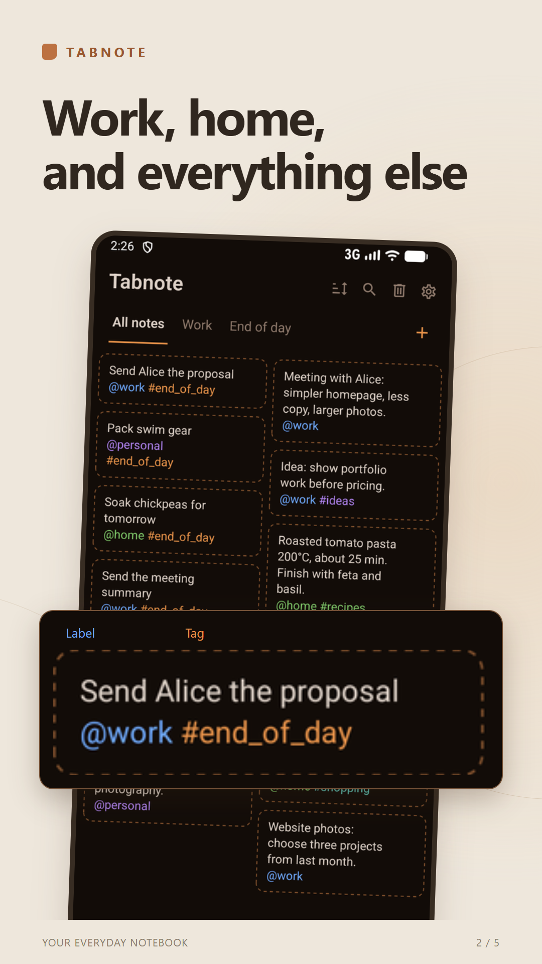 Work, home, something for later - Tabnote app screen