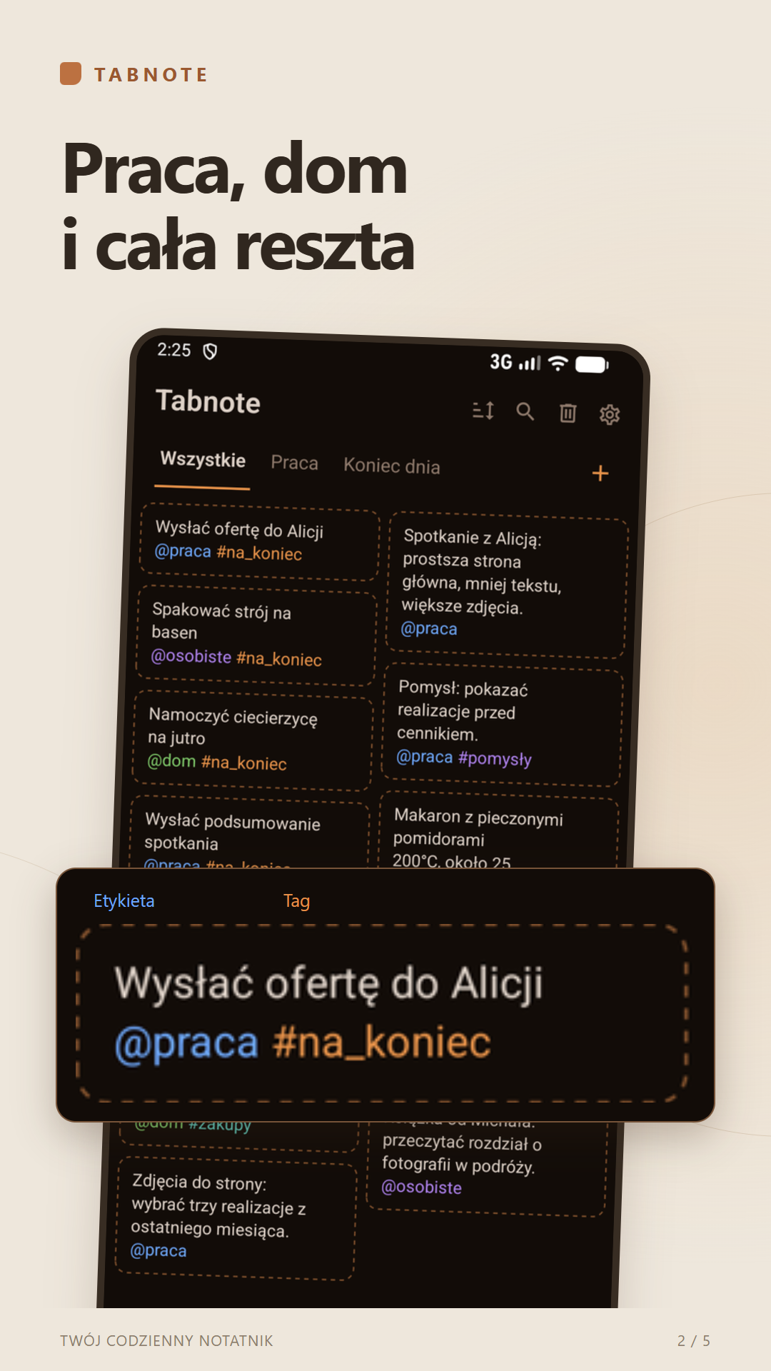 Praca, dom, coś na później - ekran aplikacji Tabnote