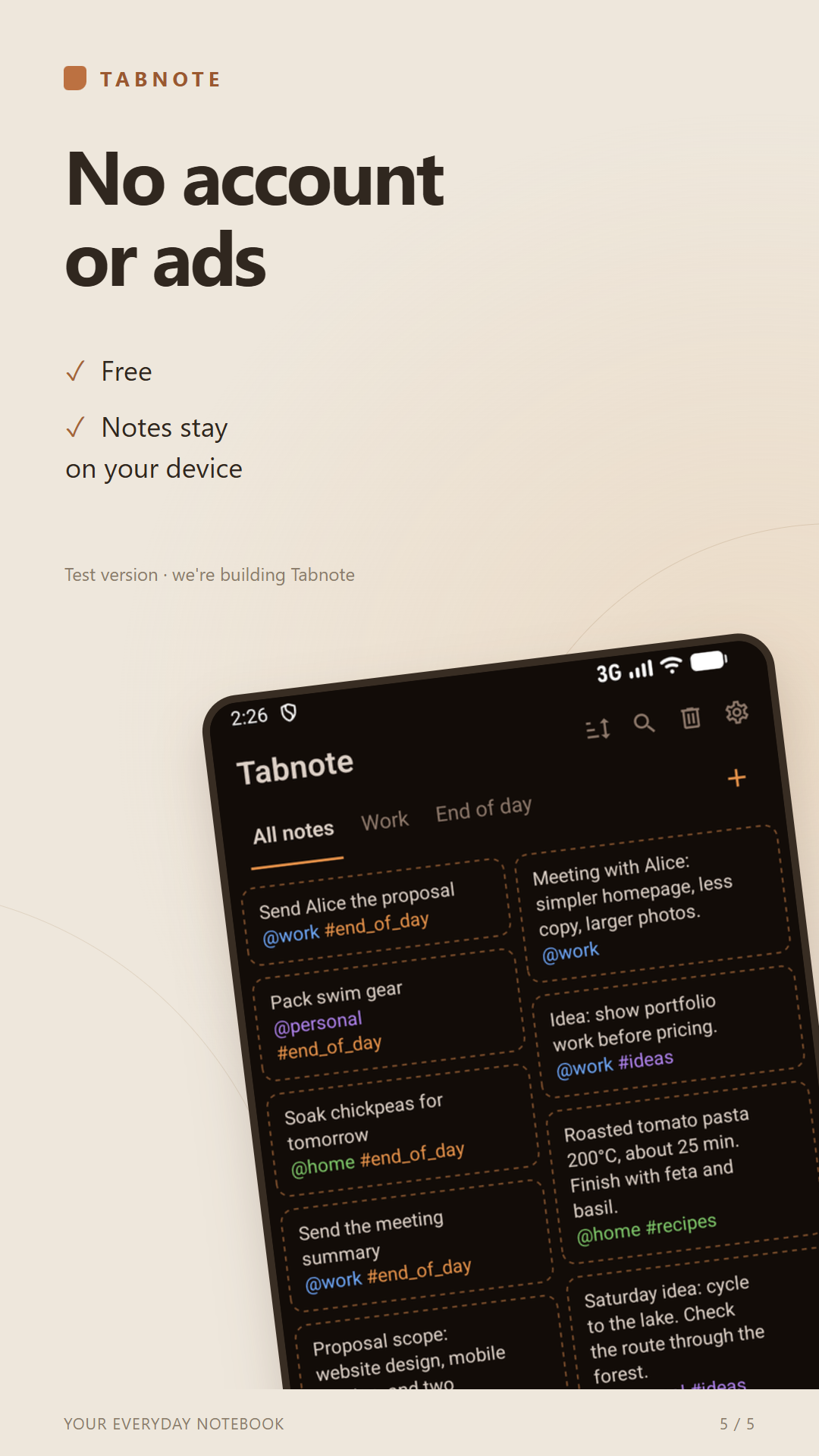Your notes stay with you - Tabnote app screen